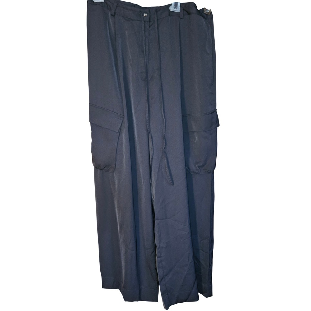 The Drop x @kelclight Black Satin Wide Leg Cargo Pants XL Drawstring Waist - Picture 1 of 9